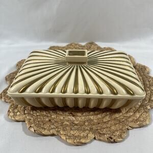 Vintage Syroco Gold & Cream JEWELRY Trinket Box 2 Layer Tray Flocked Velvet